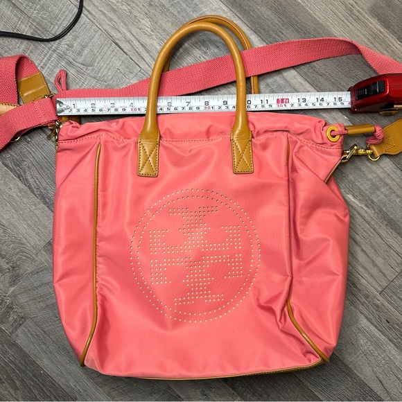 Tory Burch Pink Tote Crossbody Bag Purse Leather Handle Nylon Handbag - Picture 12 of 14